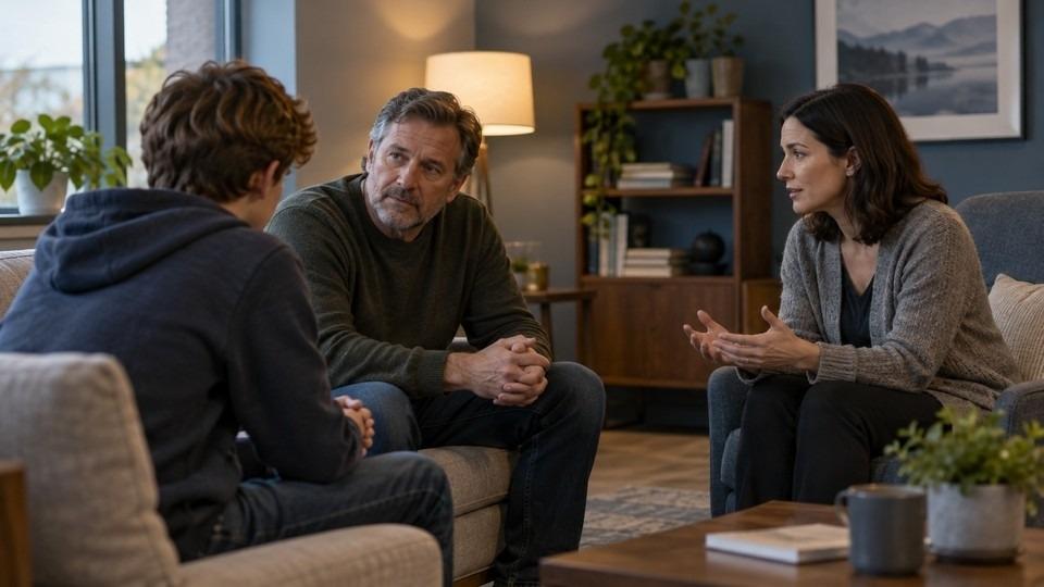 Counselor talking with a father and teenage son about support for teen opioid use disorder