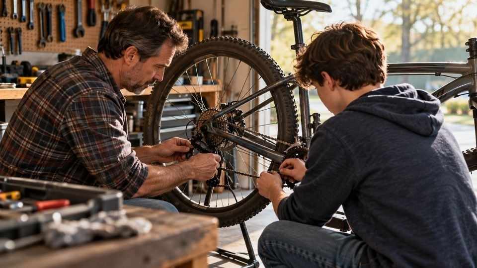 Father and teen son repairing a bike, a quiet time to notice signs of Percocet misuse