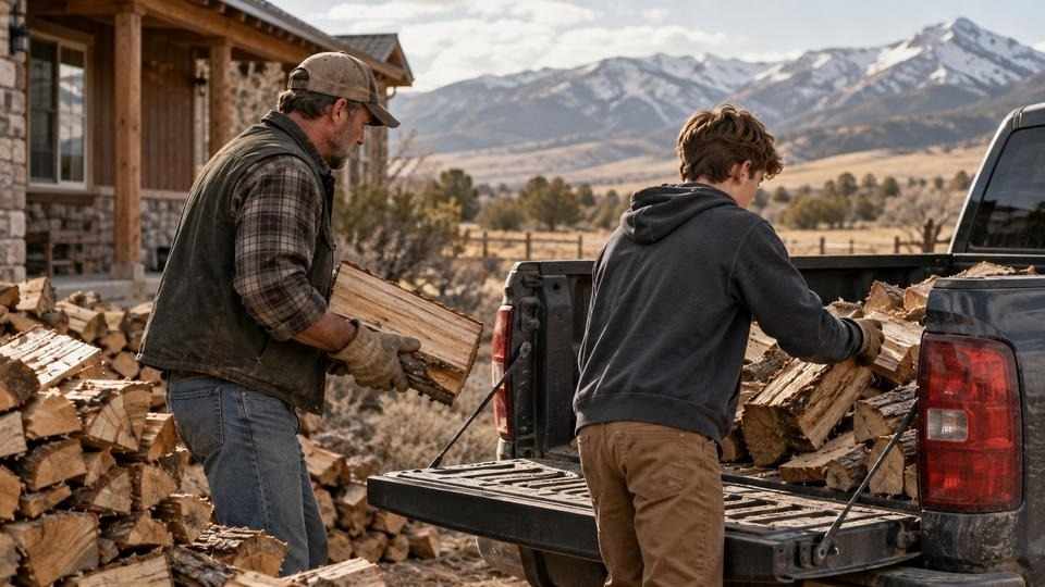Father loading firewood with his teenage son, a daily moment when parents may notice signs of opioid use.