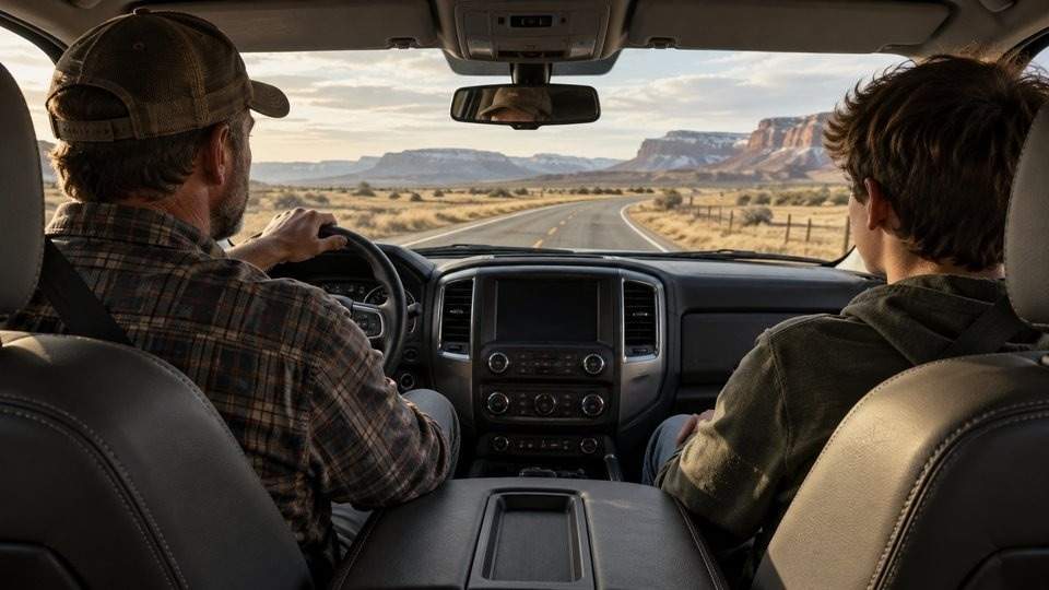Father and teenage son talking during a drive on a rural road about what percs are