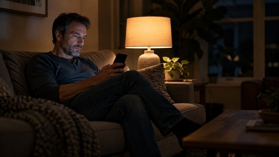 Father reading about blue M30 pills on his phone late at night in a dim living room.