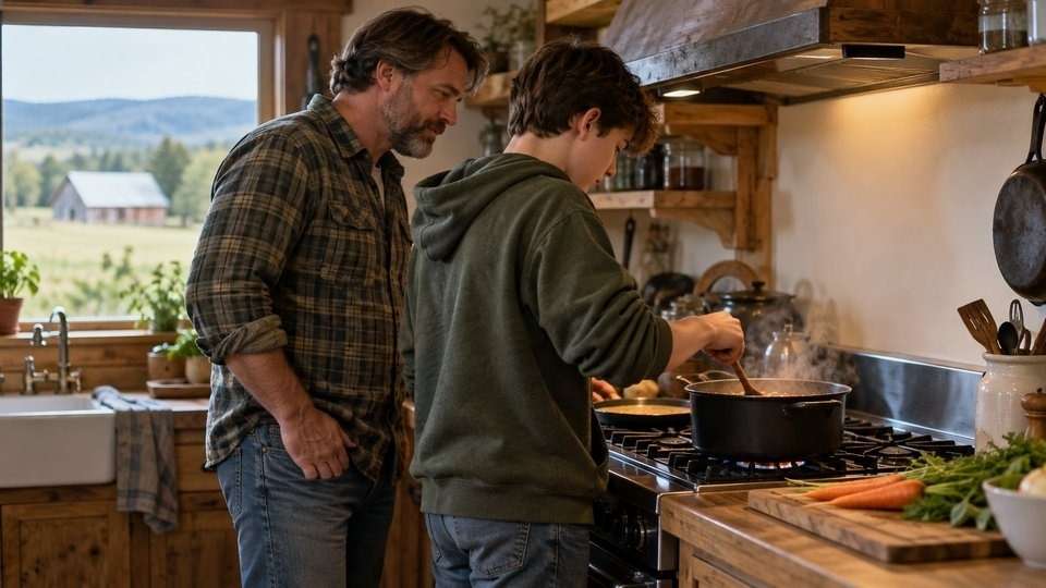 Father and son cooking dinner together, a calm time for parents to talk about lean and codeine use.