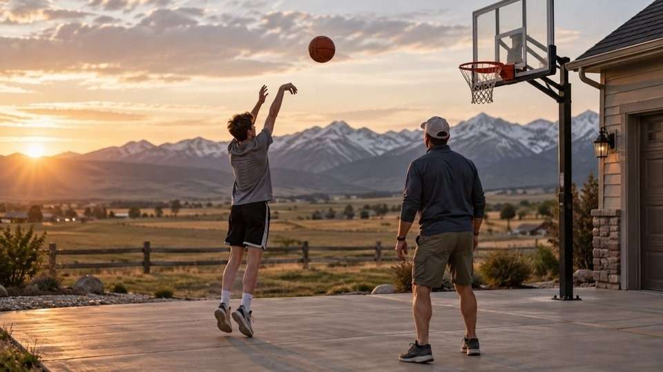 father son driveway basketball