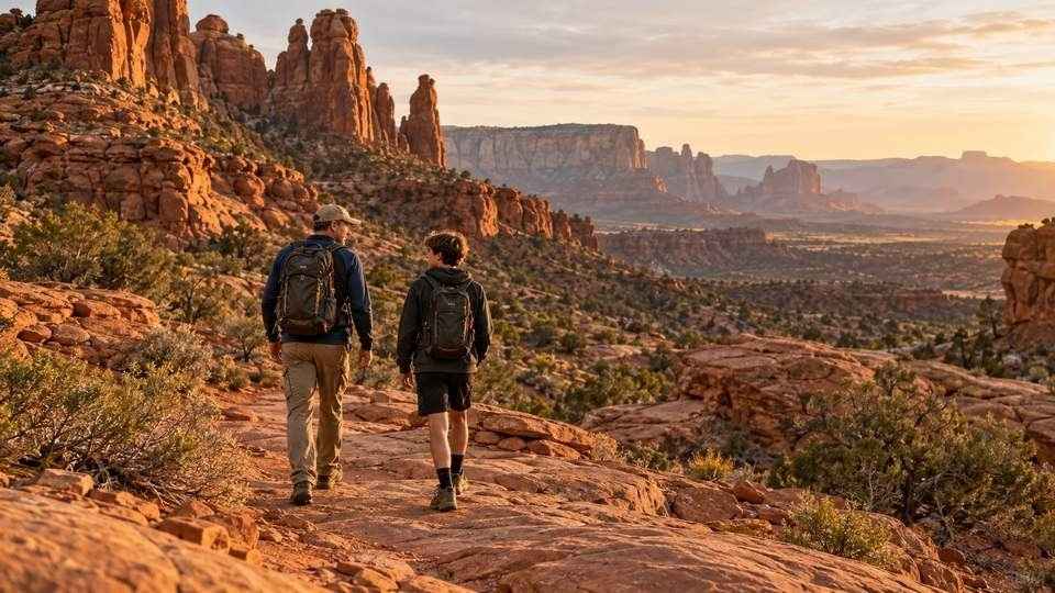 Father talking with his teenage son about the M30 pill while hiking among red rock in southern Utah.