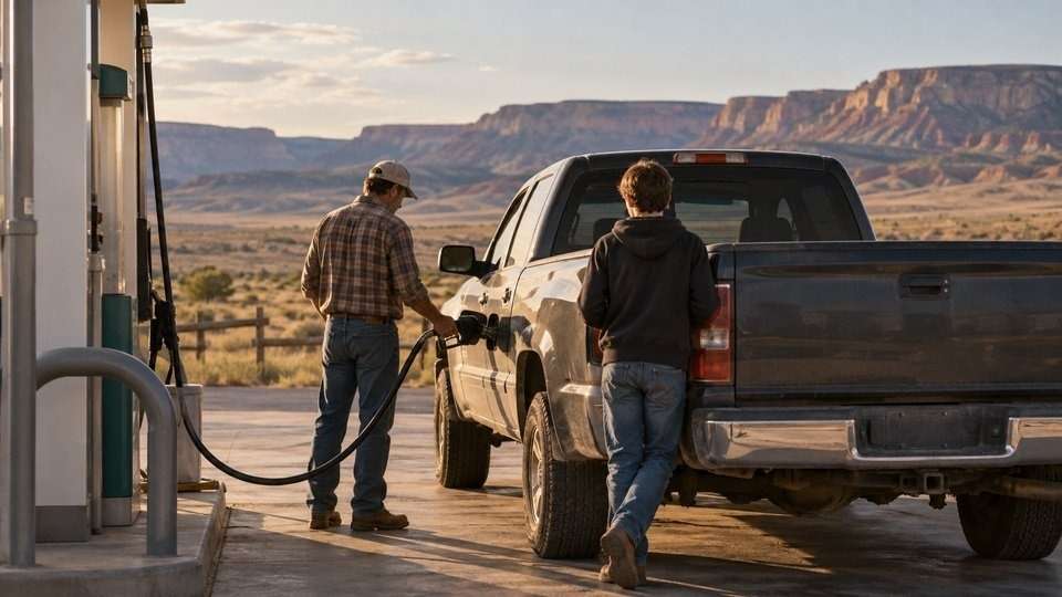 Father and teen son fueling a pickup at a rural Utah gas station, where parents may first hear of gas station heroin.