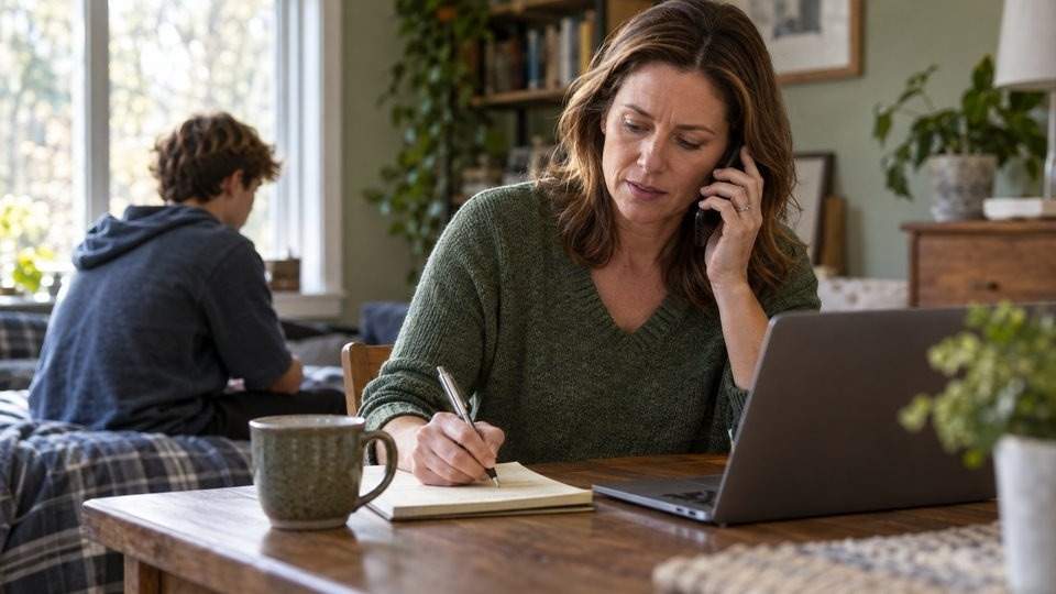 Mother calling the pediatrician's office about her son's opioid withdrawal symptoms and next steps.