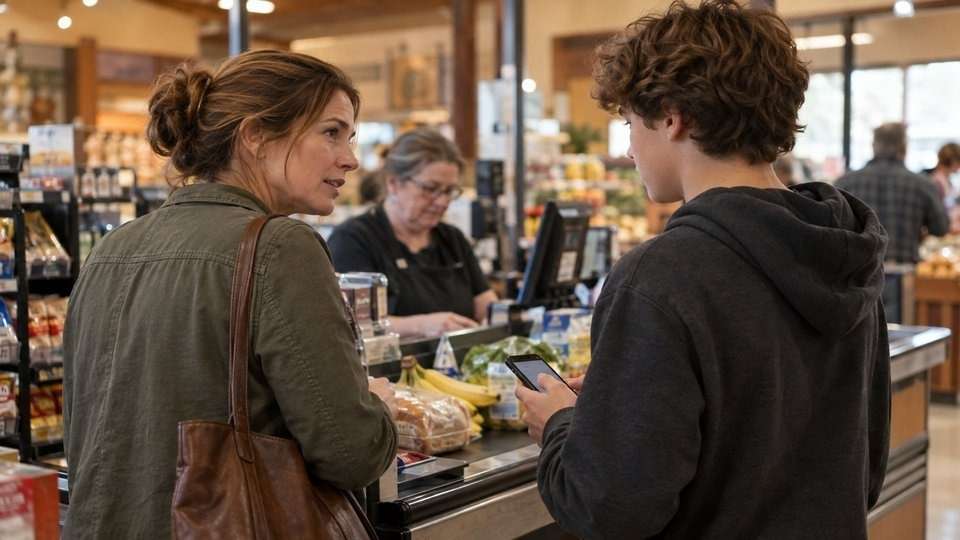 Mother and teen son talking in a grocery store about fake pills sold through social media.